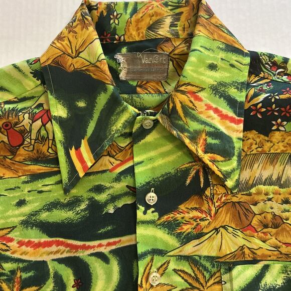 Vintage 1970s Van Cort Men Sz Large Shirt Islander Hawaiian Print Pointed Collar - Picture 6 of 16